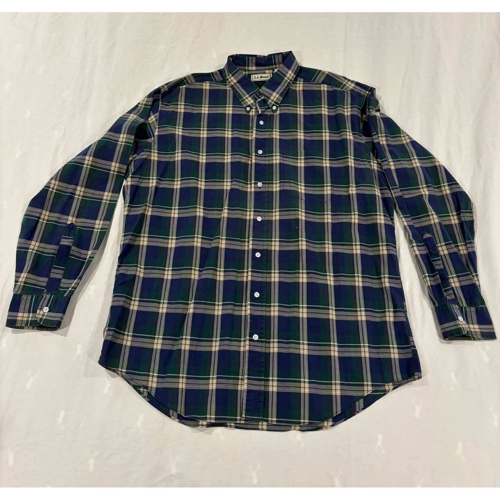 LL Bean Plaid Button Down Shirt Mens Tall XL Long Sleeve Cotton Blue Green